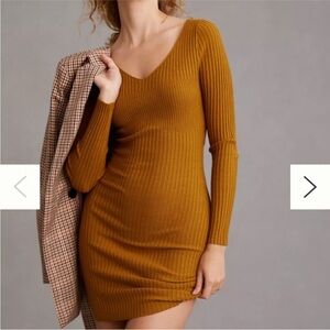 Anthropologie Ribbed Long Sleeve Sweater Dress in Mustard